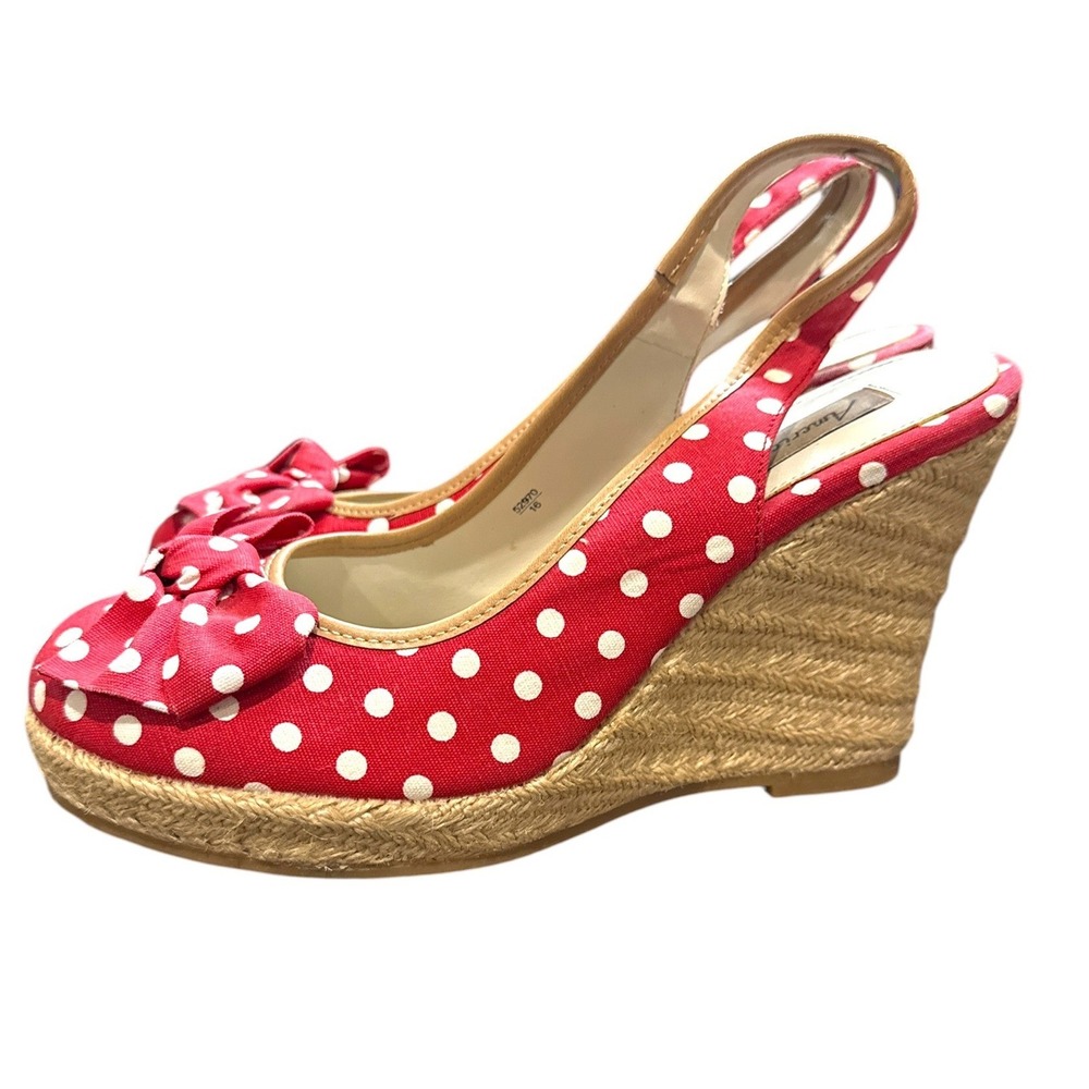 Vintage Red Polka Dot Slingback Wedge Heels Size 8.5 Retro Pinup Parisian Chic - Picture 2 of 12